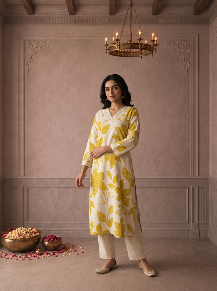 Lime Cotton Tropical Leaf Printed Two Piece Set