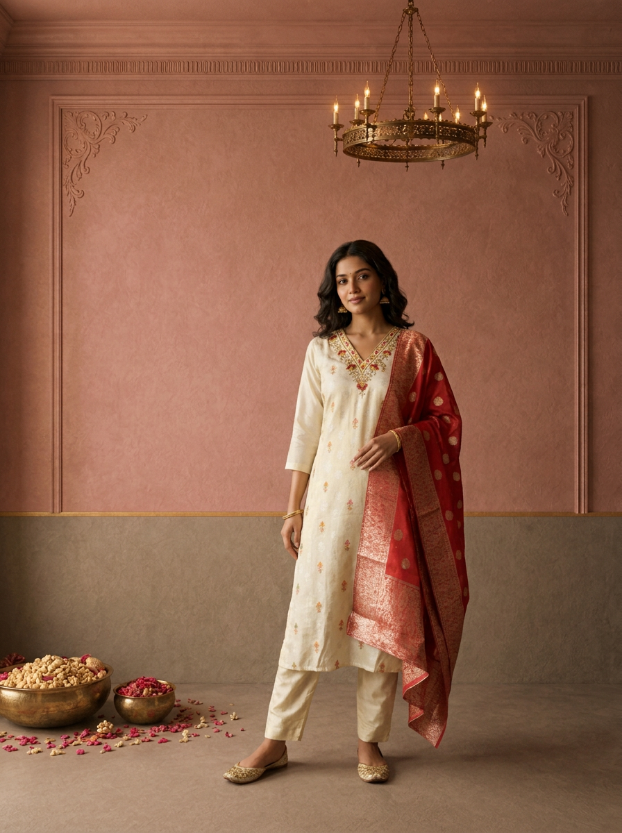 Red Chanderi Silk Ethnic Embroidered Three Piece Set