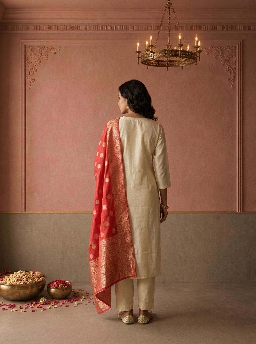 Red Chanderi Silk Ethnic Embroidered Three Piece Set