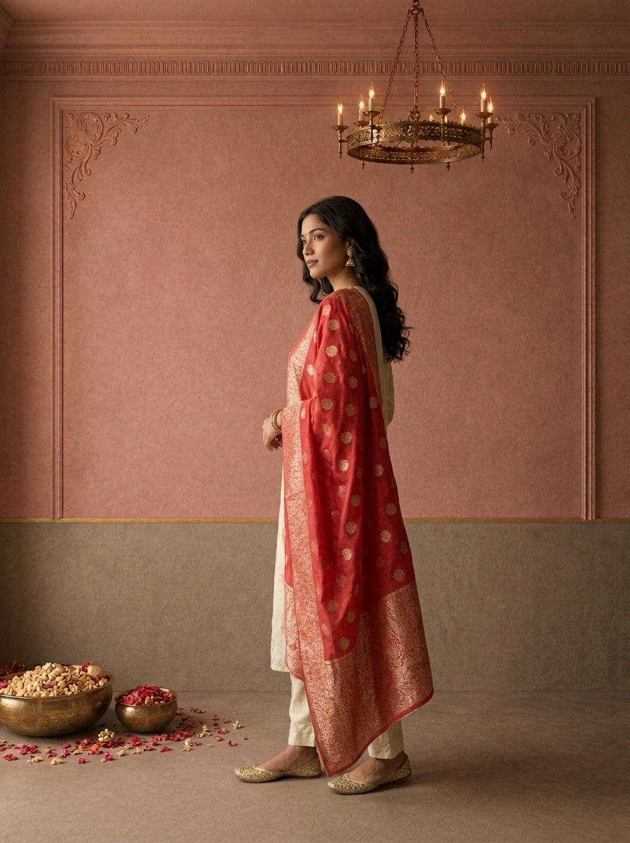 Red Chanderi Silk Ethnic Embroidered Three Piece Set