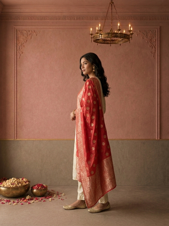 Red Chanderi Silk Ethnic Embroidered Three Piece Set