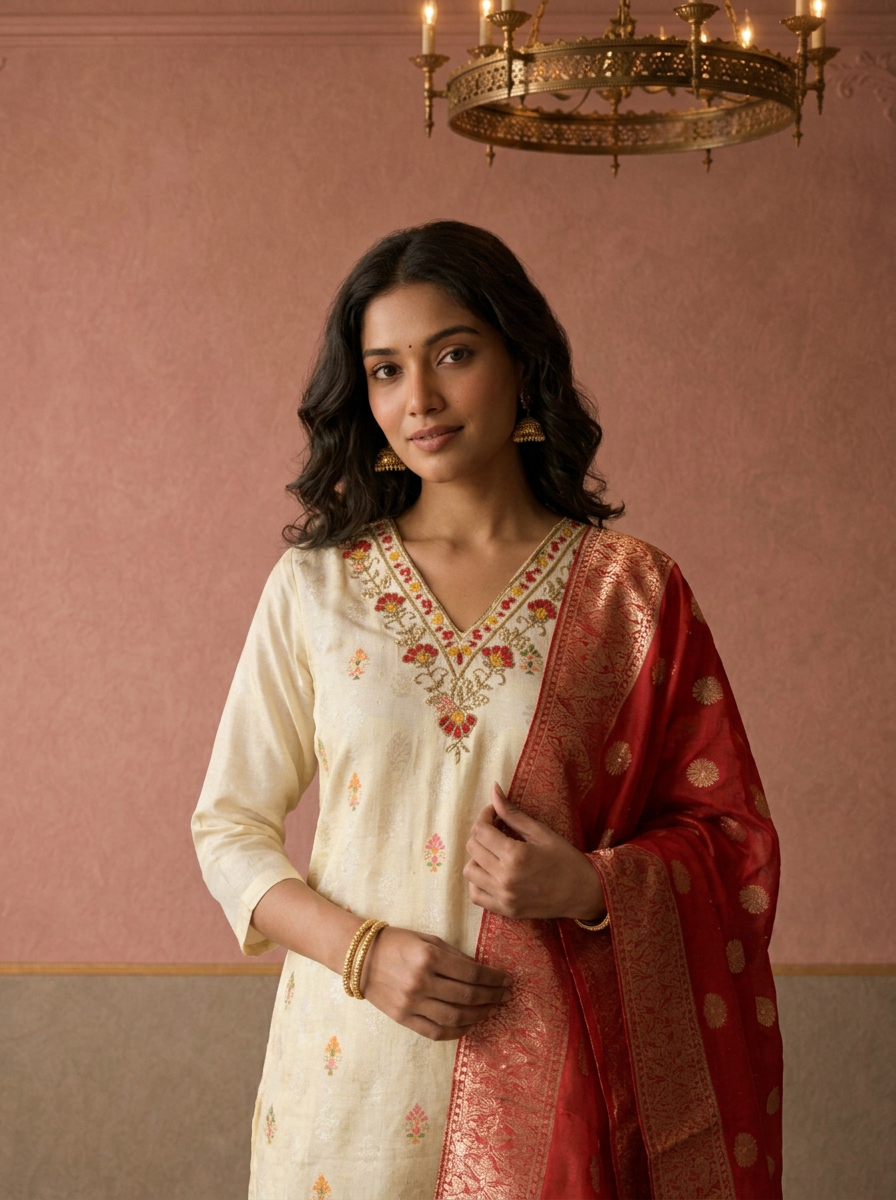 Red Chanderi Silk Ethnic Embroidered Three Piece Set