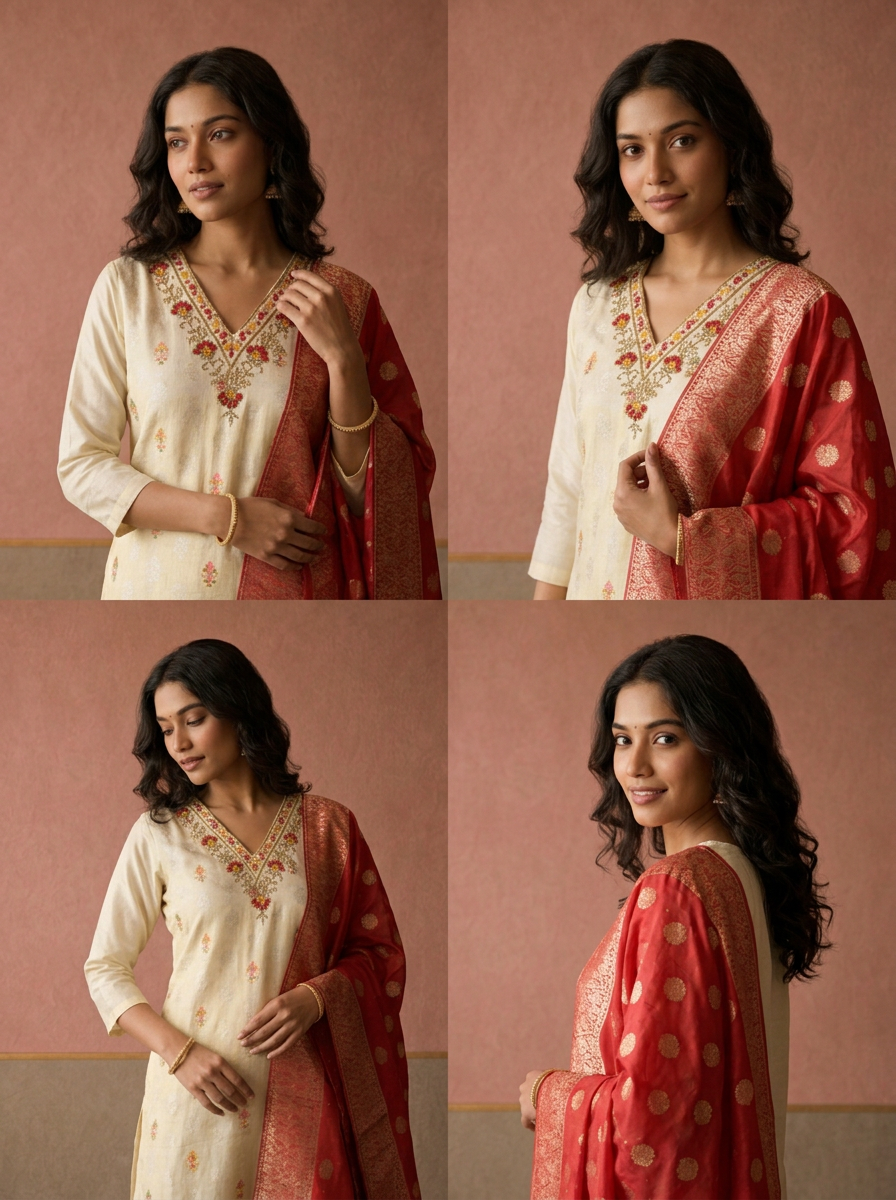Red Chanderi Silk Ethnic Embroidered Three Piece Set