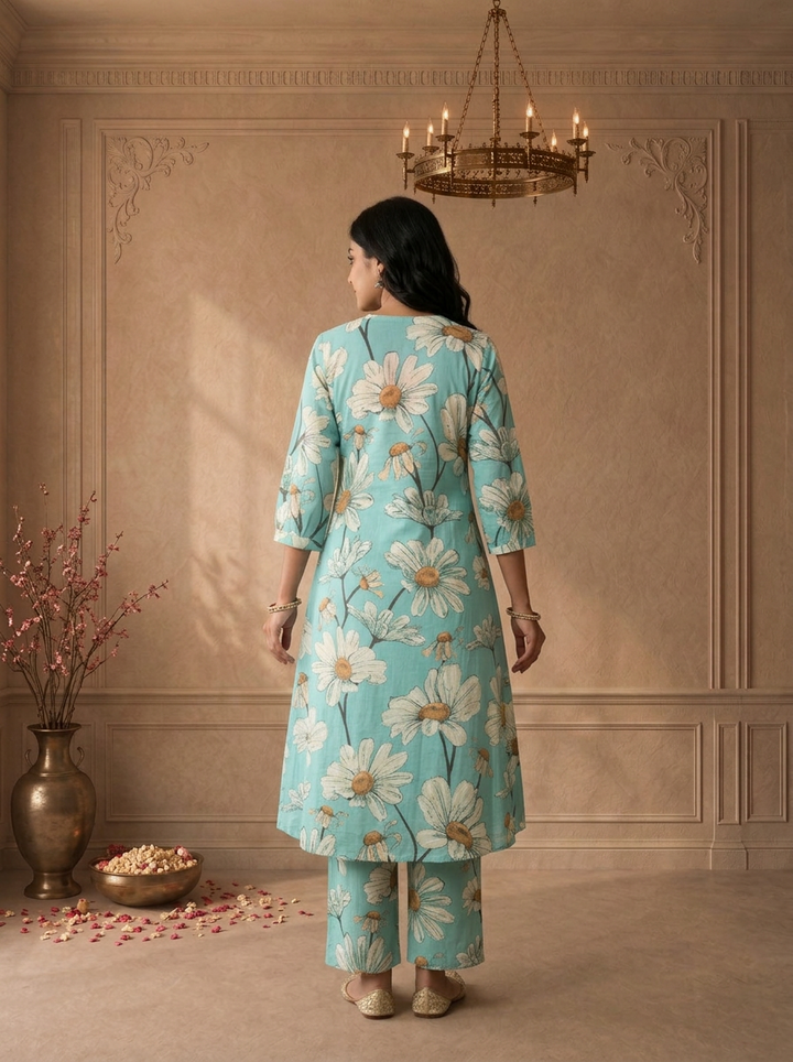 Pista Green Cotton Daisy Floral Printed Two Piece Set