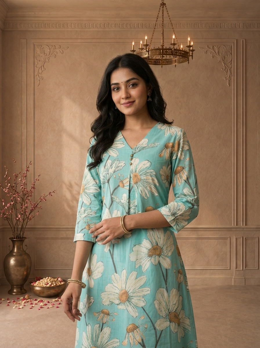 Pista Green Cotton Daisy Floral Printed Two Piece Set