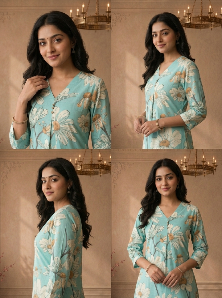 Pista Green Cotton Daisy Floral Printed Two Piece Set