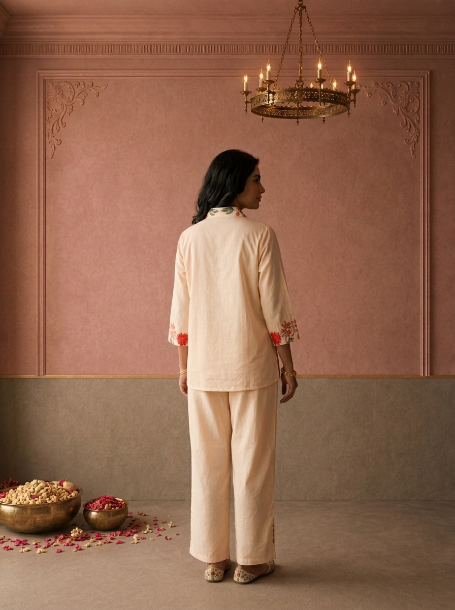 Peach Cotton Floral Thread Embroidered Two Piece Set