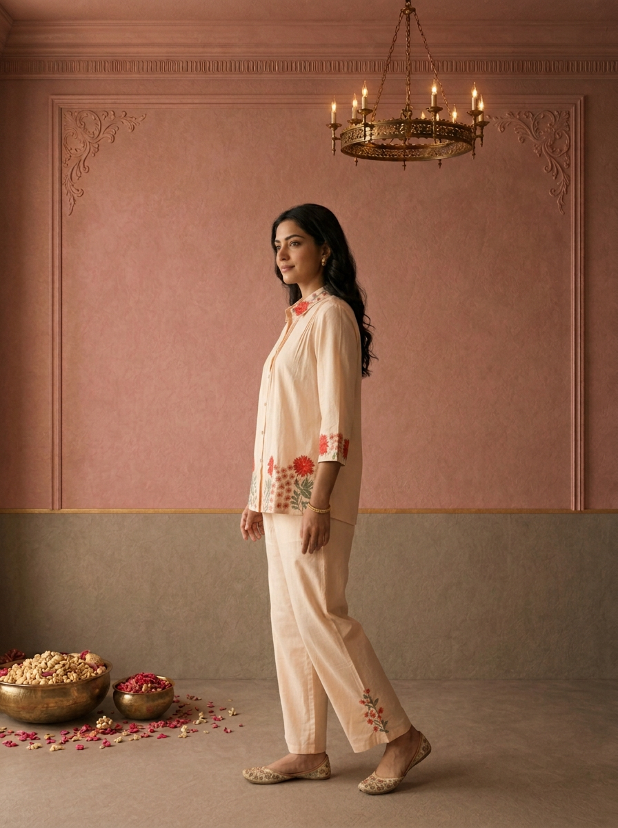 Peach Cotton Floral Thread Embroidered Two Piece Set