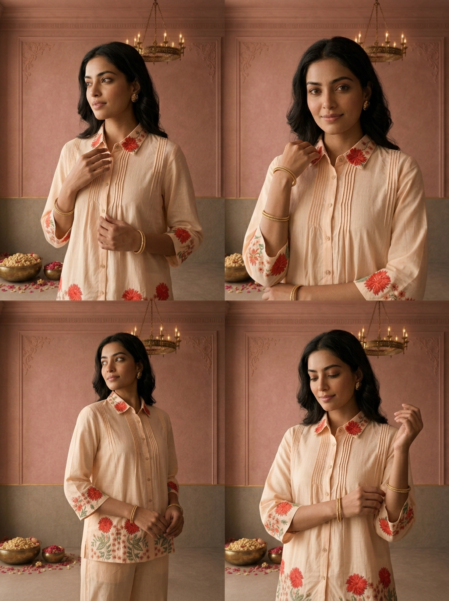 Peach Cotton Floral Thread Embroidered Two Piece Set