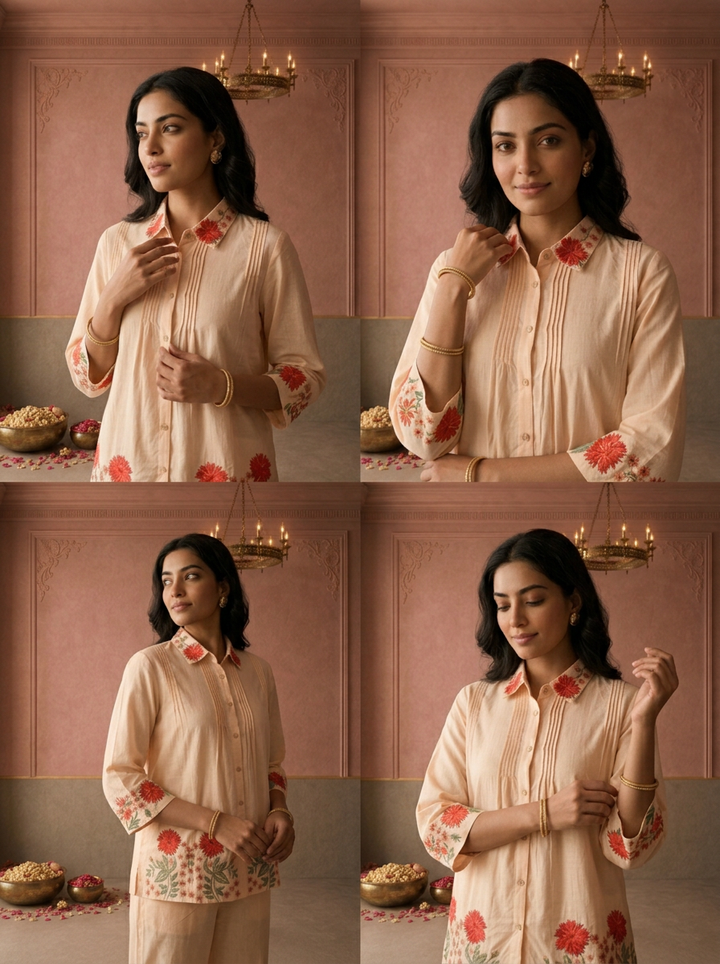 Peach Cotton Floral Thread Embroidered Two Piece Set