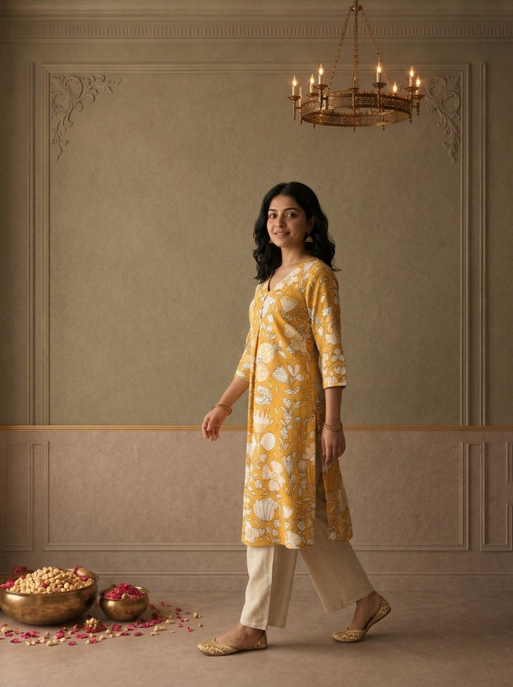 Mustard Cotton Large Floral Chintz Printed Kurta