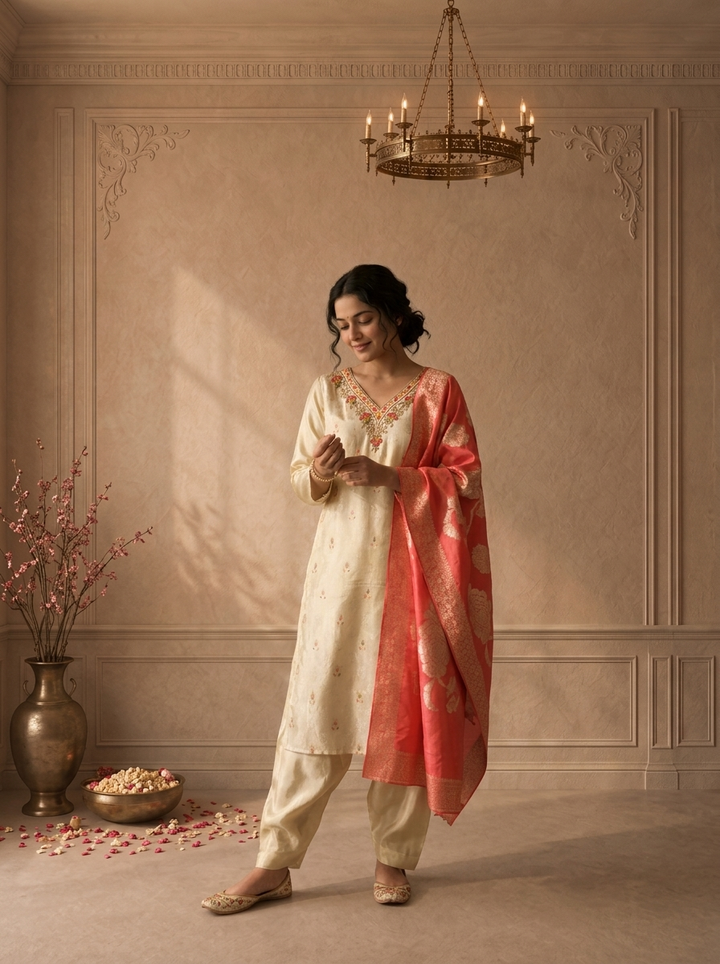 Rani Pink Tissue Paisley Buti Embroidered Three Piece Set