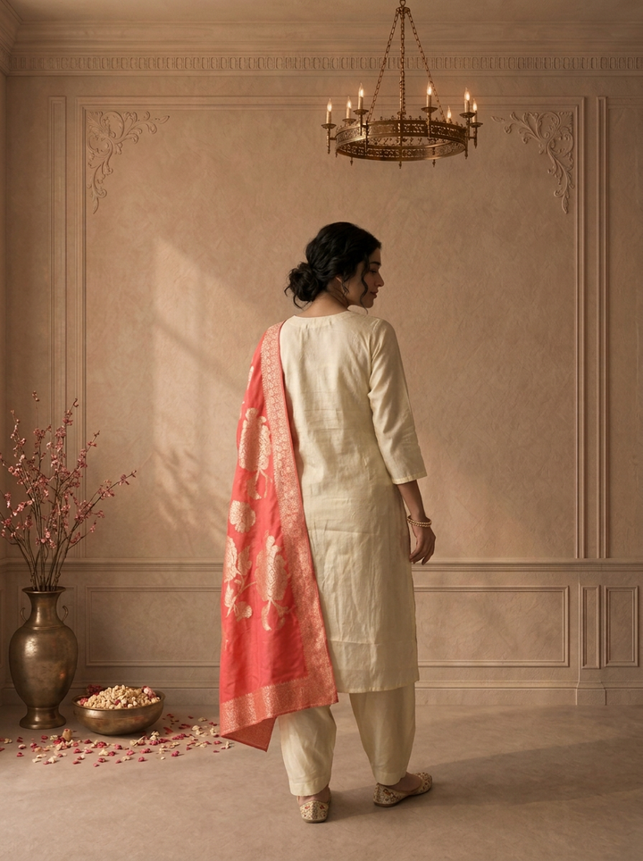 Rani Pink Tissue Paisley Buti Embroidered Three Piece Set