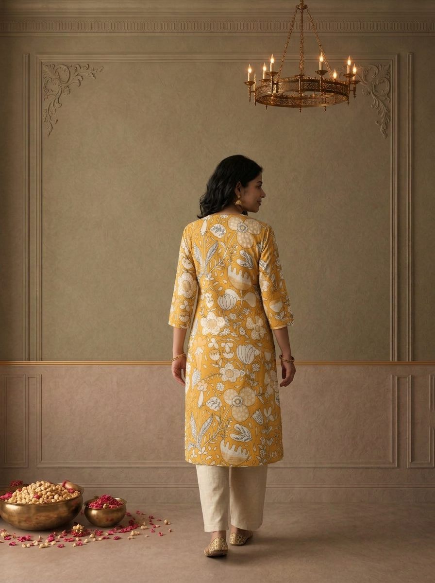 Mustard Cotton Large Floral Chintz Printed Kurta