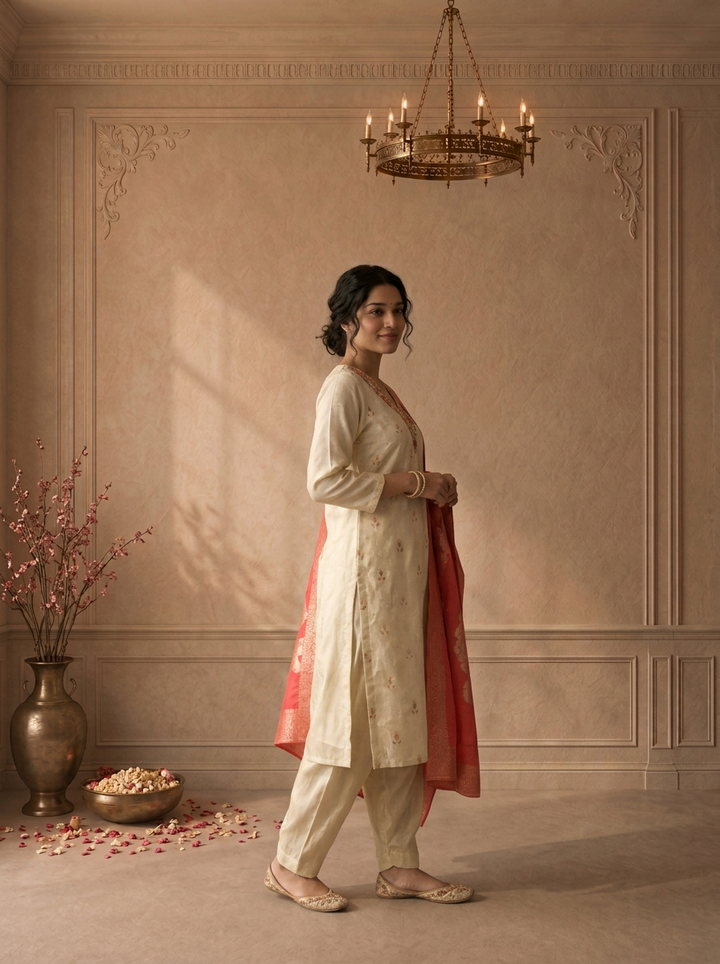 Rani Pink Tissue Paisley Buti Embroidered Three Piece Set
