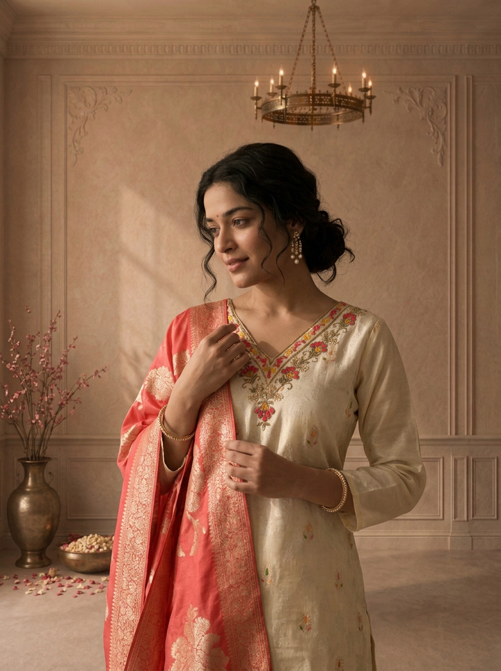 Rani Pink Tissue Paisley Buti Embroidered Three Piece Set