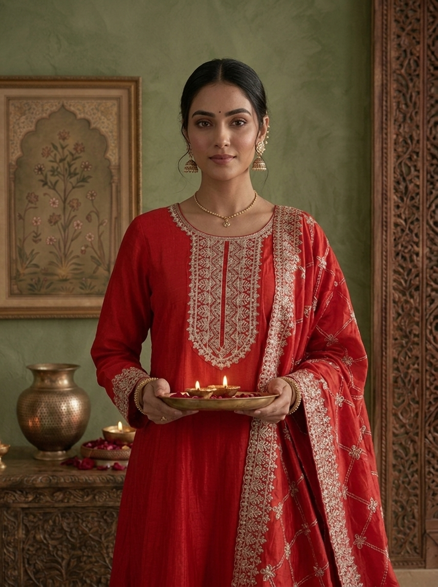Red Silk Zari Embroidered Three Piece Set