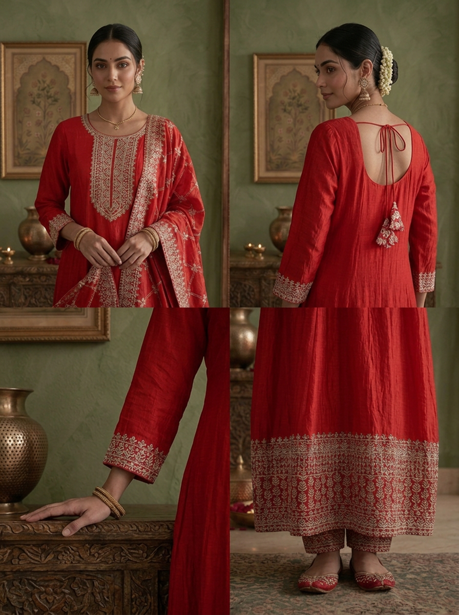 Red Silk Zari Embroidered Three Piece Set