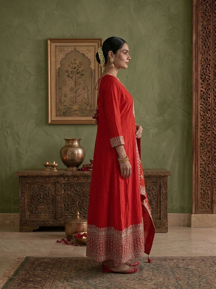 Red Silk Zari Embroidered Three Piece Set