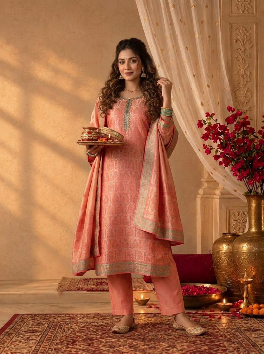Rani Pink Tissue Zari Mughal Damask Weaved Three Piece Set