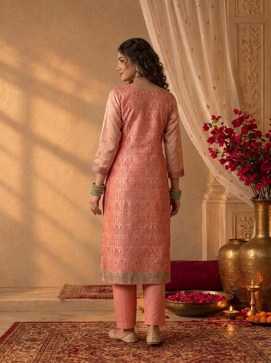 Rani Pink Tissue Zari Mughal Damask Weaved Three Piece Set