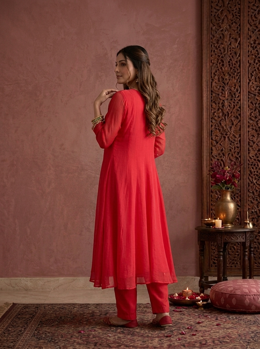 Rani Pink Chinon Zari And Stone Embroidered Three Piece Set