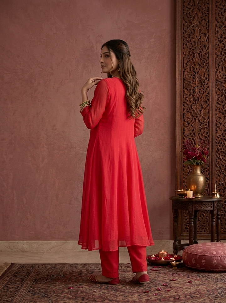 Rani Pink Chinon Zari And Stone Embroidered Three Piece Set
