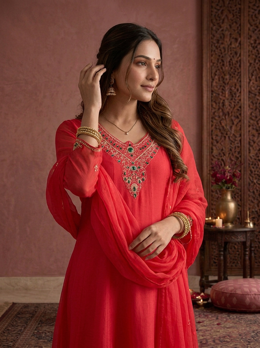Rani Pink Chinon Zari And Stone Embroidered Three Piece Set