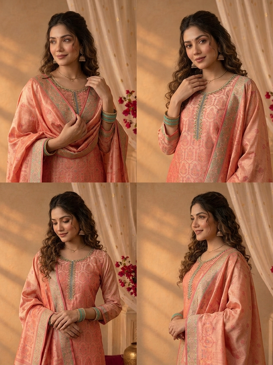 Rani Pink Tissue Zari Mughal Damask Weaved Three Piece Set