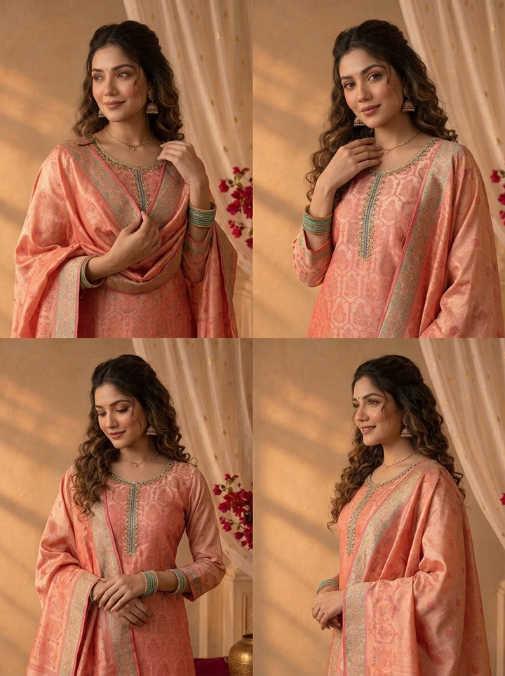 Rani Pink Tissue Zari Mughal Damask Weaved Three Piece Set