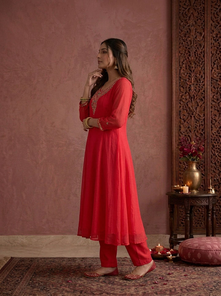 Rani Pink Chinon Zari And Stone Embroidered Three Piece Set