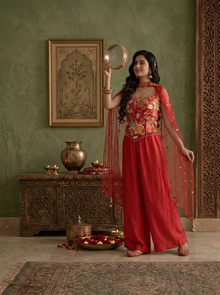 Red Silk Multicolor Floral Zari Embroidered Three Piece Set