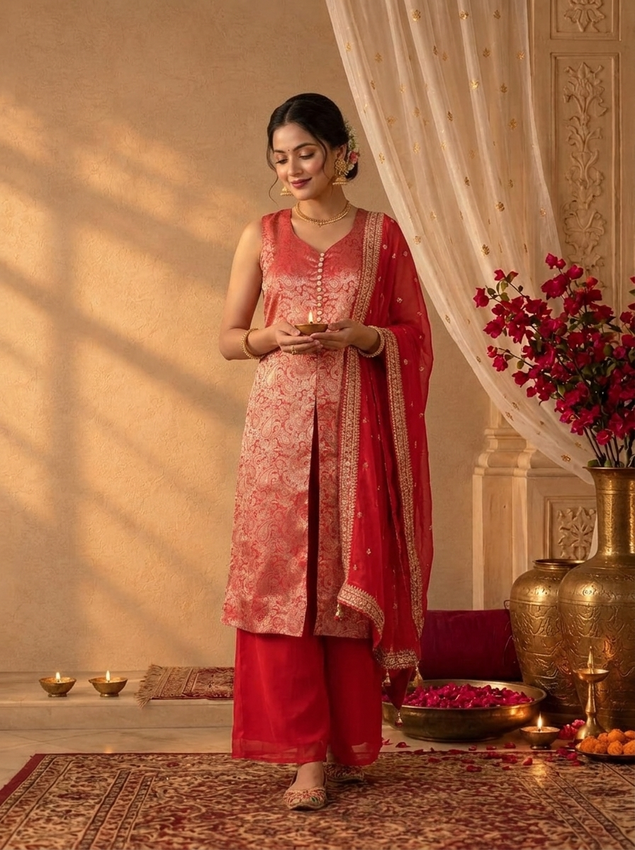 Red Banaras Brocade Paisley Weaved Three Piece Set
