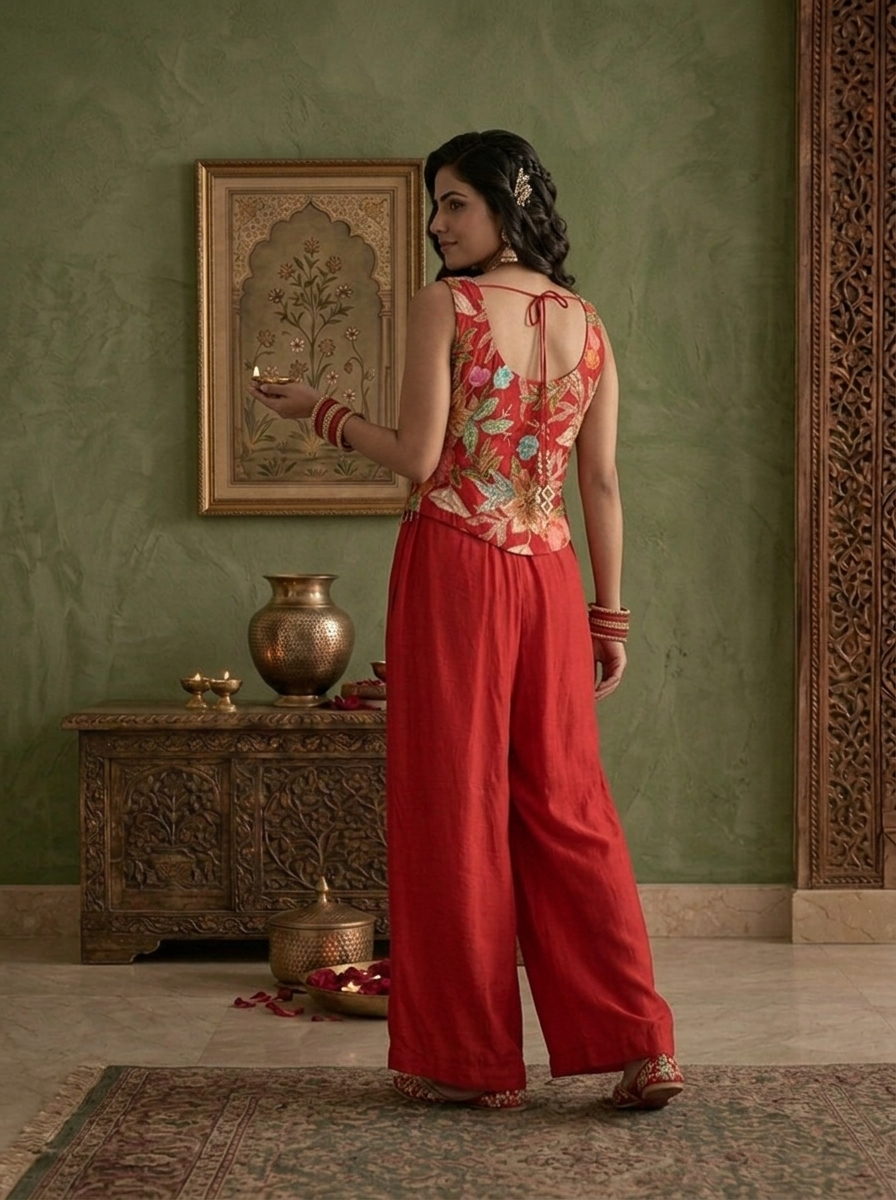 Red Silk Multicolor Floral Zari Embroidered Three Piece Set