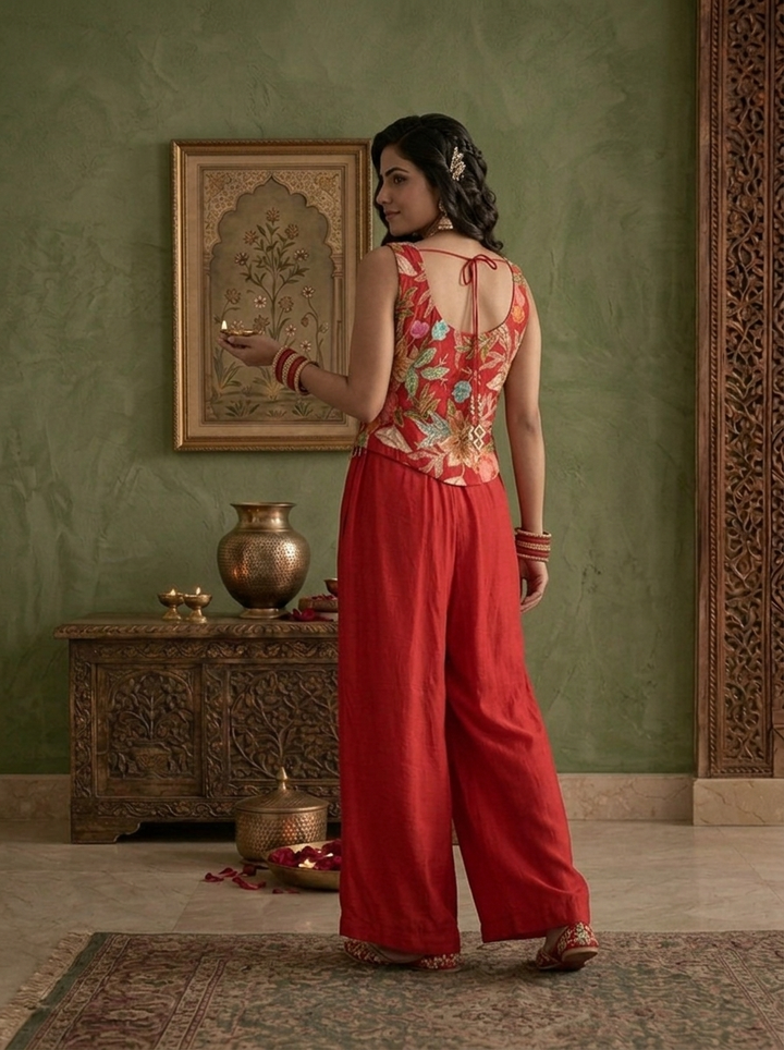 Red Silk Multicolor Floral Zari Embroidered Three Piece Set