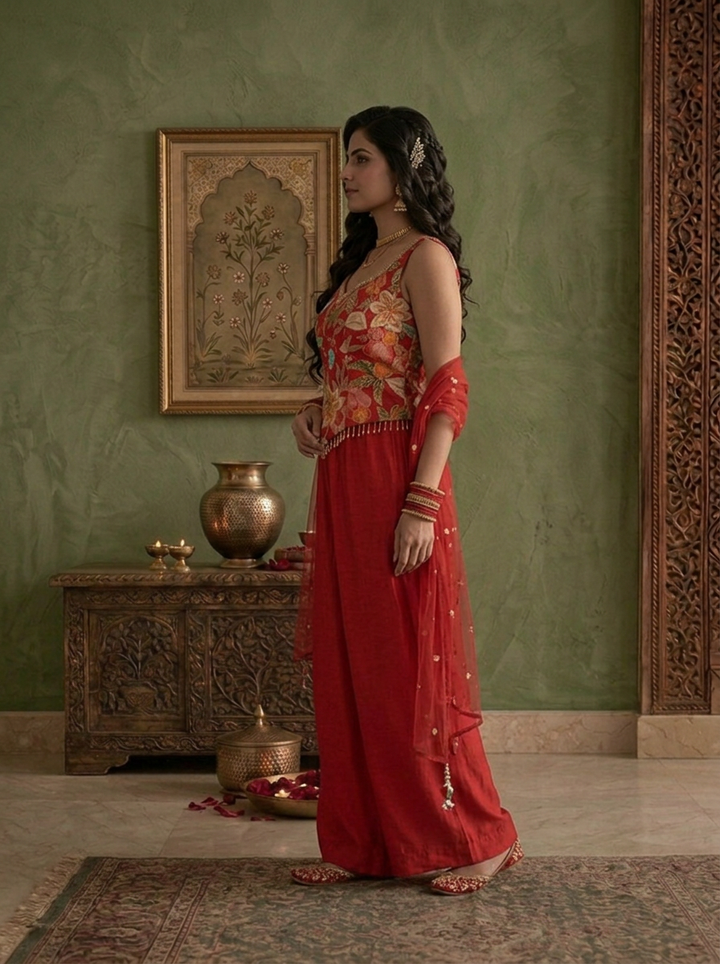 Red Silk Multicolor Floral Zari Embroidered Three Piece Set