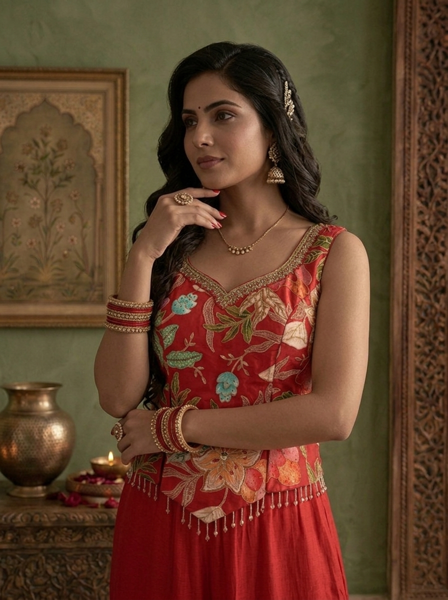 Red Silk Multicolor Floral Zari Embroidered Three Piece Set