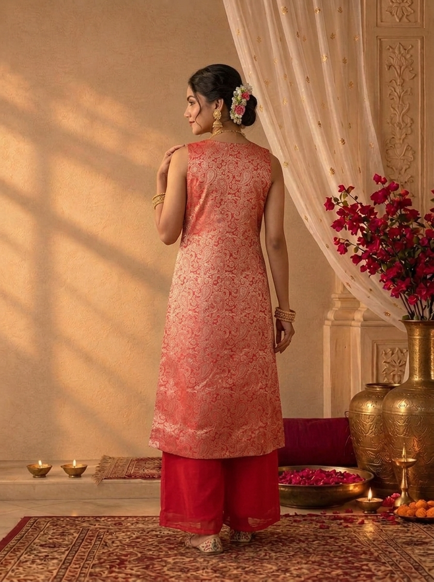 Red Banaras Brocade Paisley Weaved Three Piece Set