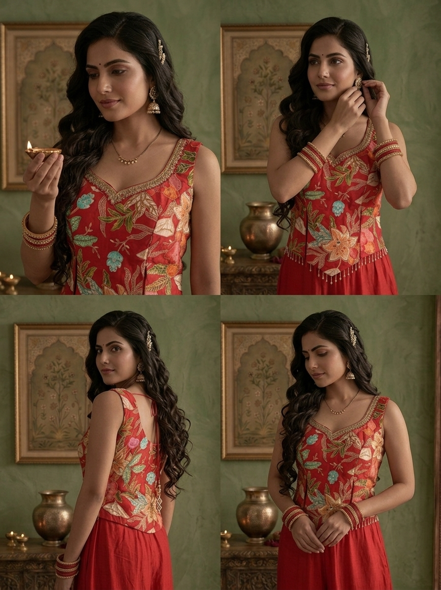 Red Silk Multicolor Floral Zari Embroidered Three Piece Set