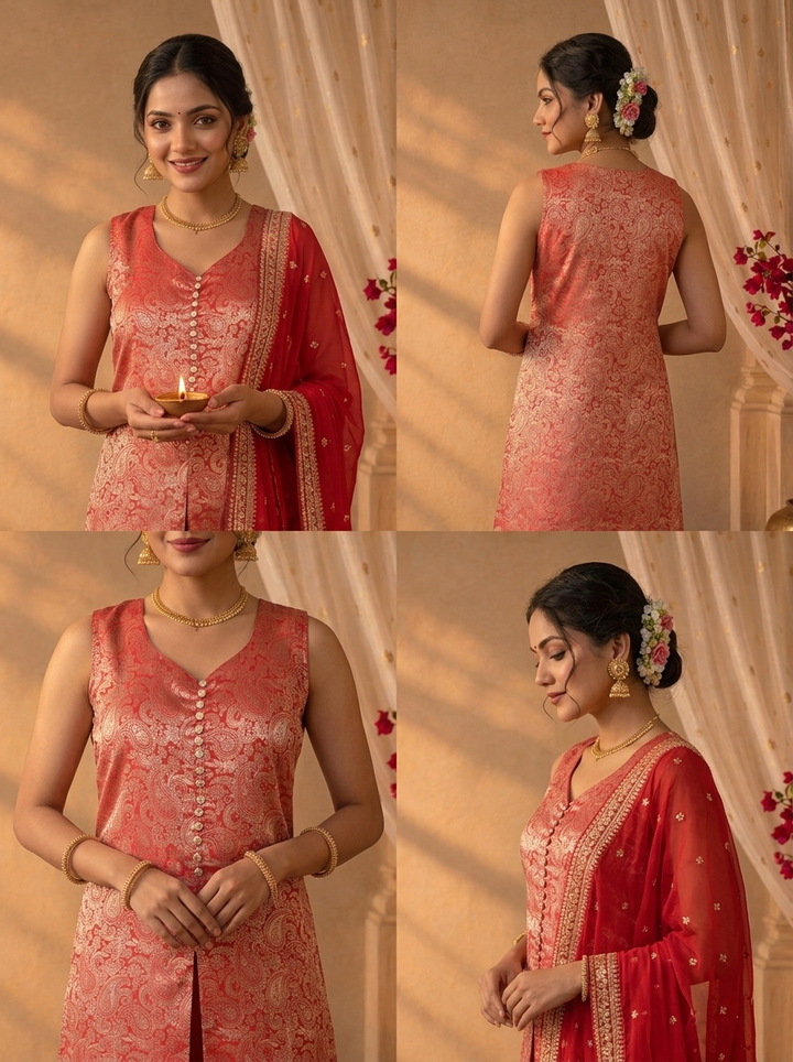 Red Banaras Brocade Paisley Weaved Three Piece Set