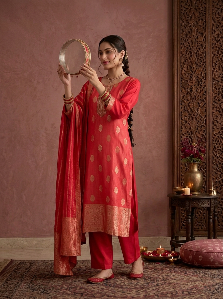 Rani Pink Tissue Zari Stripes With Buta Weaved Three Piece Set