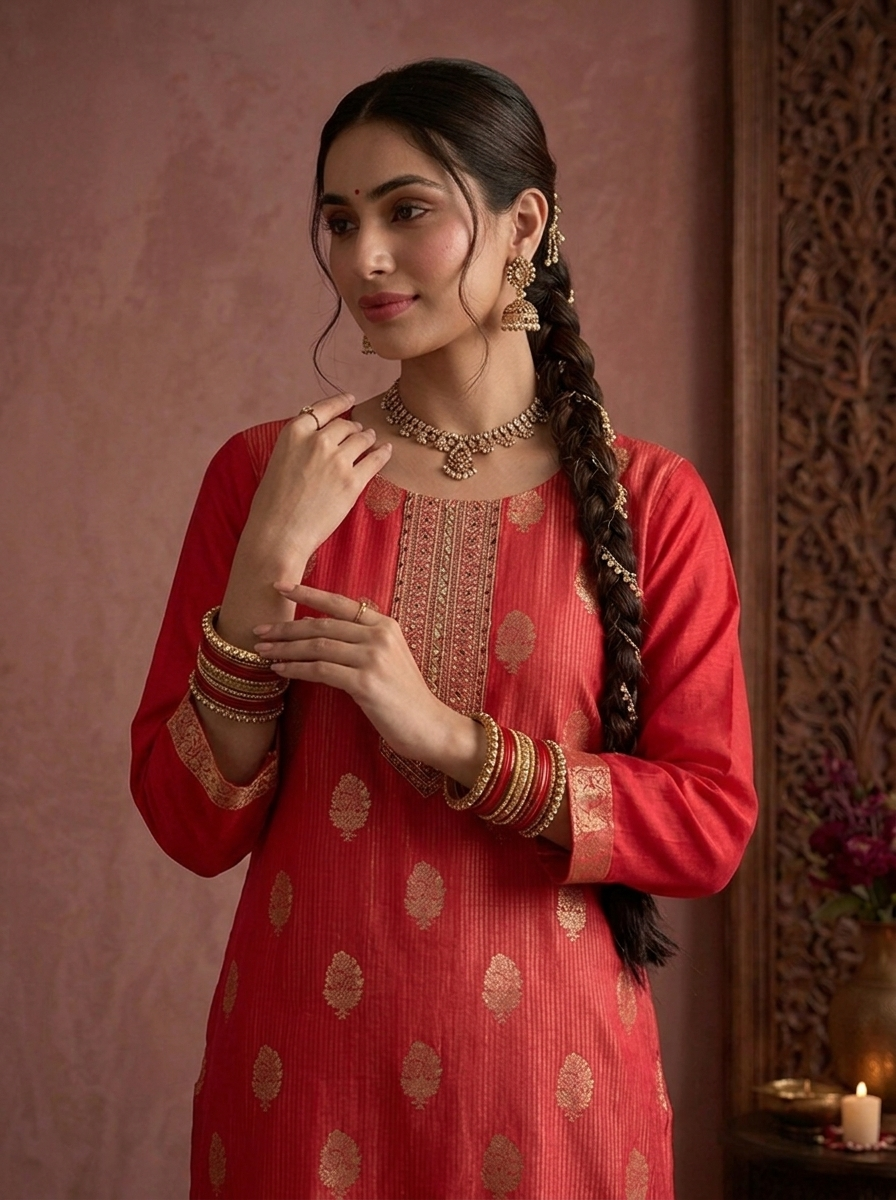 Rani Pink Tissue Zari Stripes With Buta Weaved Three Piece Set