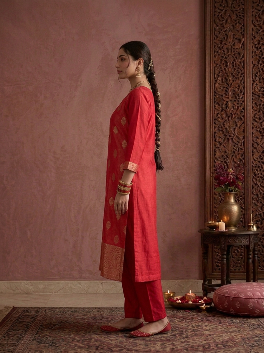 Rani Pink Tissue Zari Stripes With Buta Weaved Three Piece Set