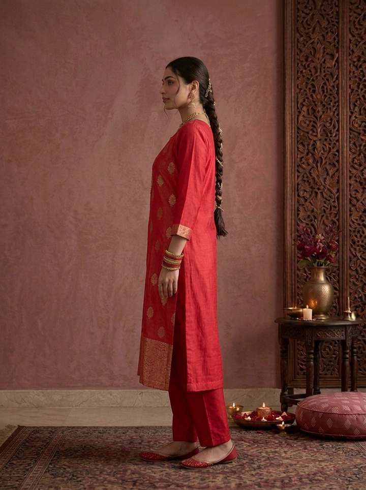 Rani Pink Tissue Zari Stripes With Buta Weaved Three Piece Set