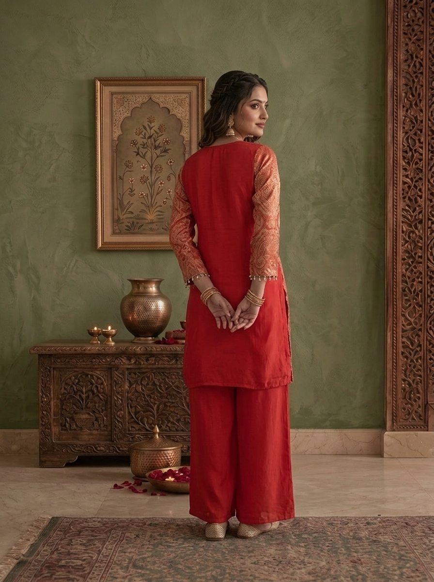 Red Silk Brocade Weaved And Embroidered Three Piece Set