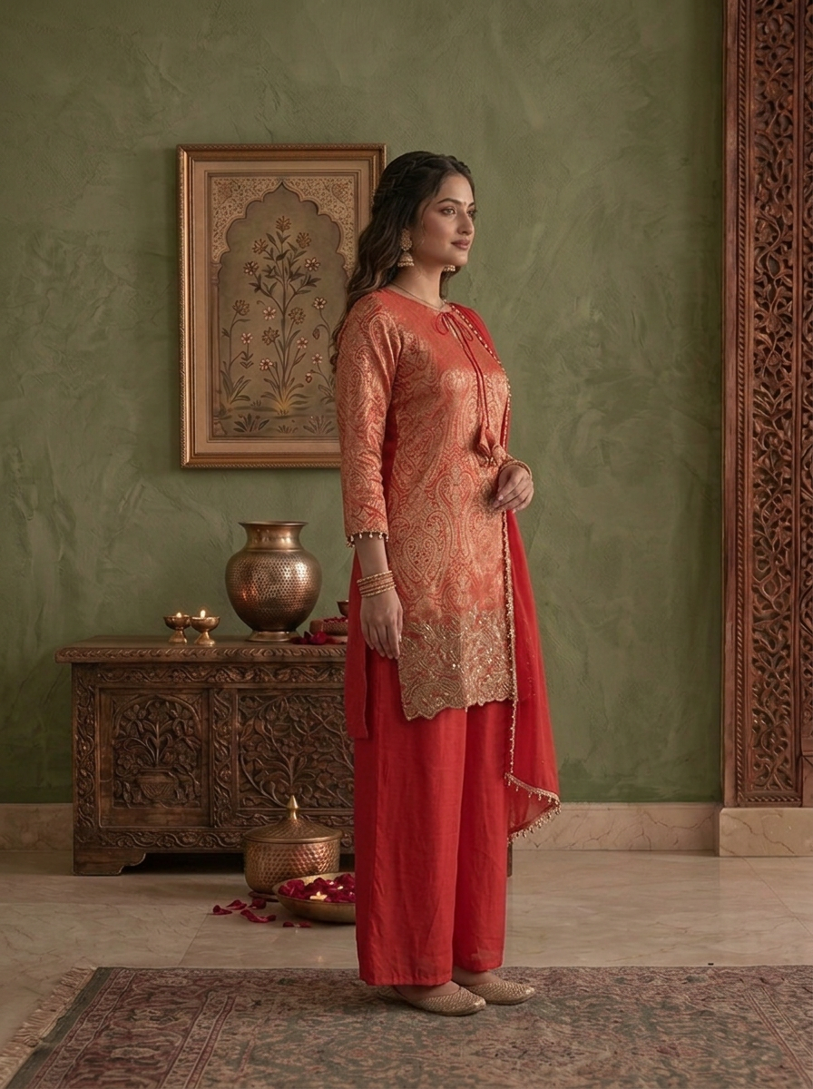 Red Silk Brocade Weaved And Embroidered Three Piece Set