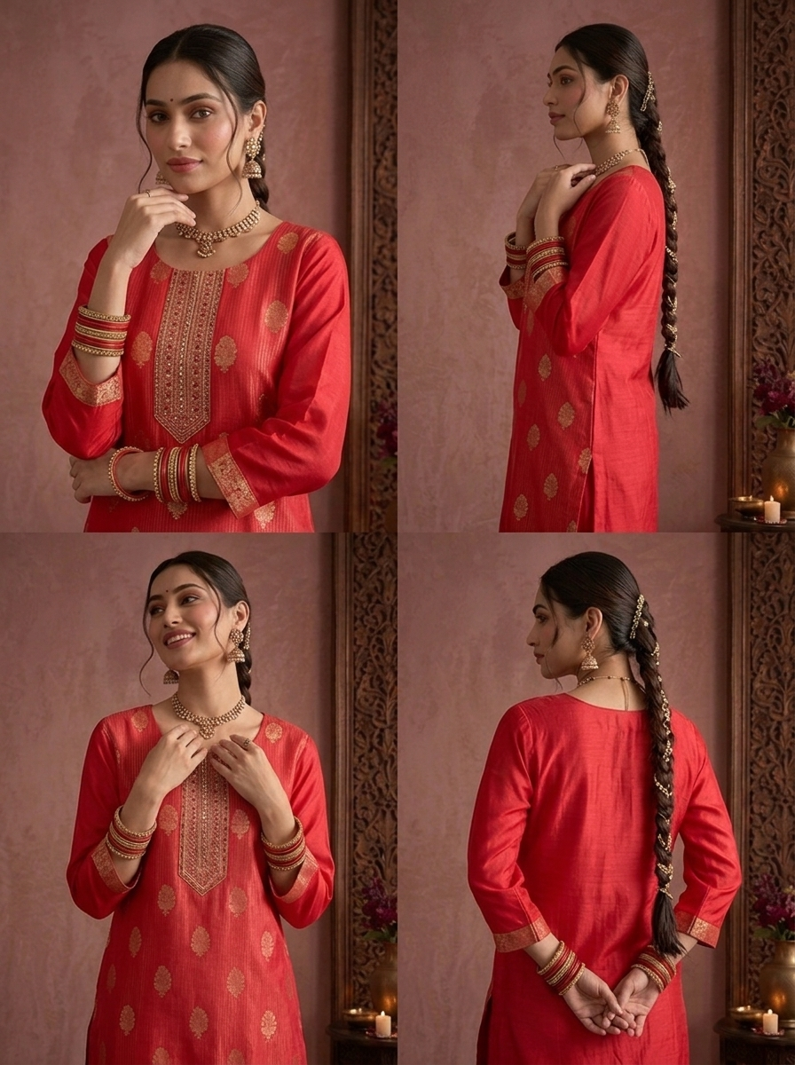 Rani Pink Tissue Zari Stripes With Buta Weaved Three Piece Set