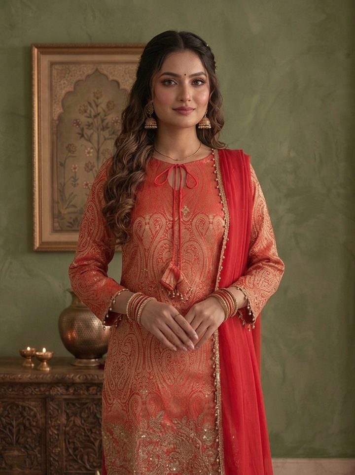 Red Silk Brocade Weaved And Embroidered Three Piece Set