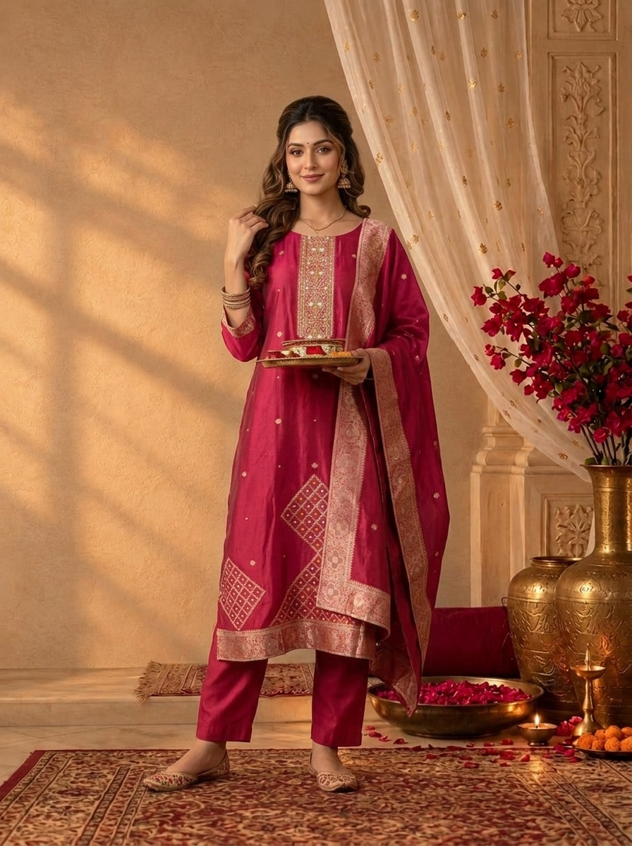 Magenta Silk Diamond Weaved Three Piece Set