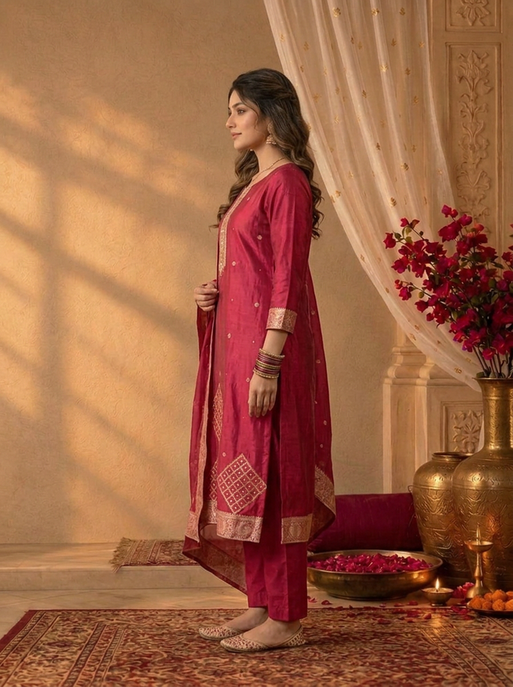 Magenta Silk Diamond Weaved Three Piece Set